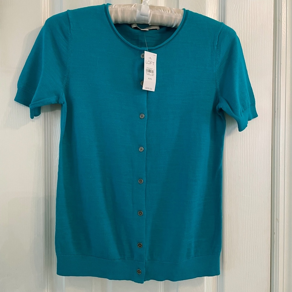 Ann Taylor LOFT 100% Cotton Sweater Teal Blue Crew Neck Cardigan Tee
